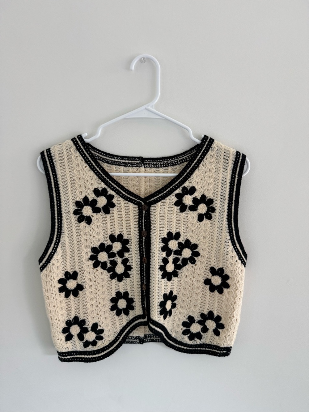 Cream Crochet Floral Sleeveless Vest with Black Trim